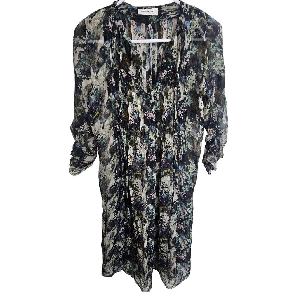 Megan Park Women Watercolor Silk Dress 0 Sheer Overlay Pintuck Delicate Romantic